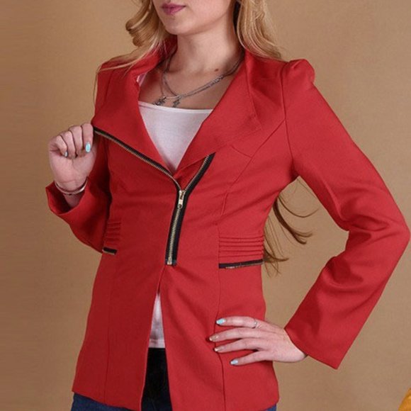 Slim Fit Candy Red Zipper Jacket Blazer Long - Picture 11 of 12